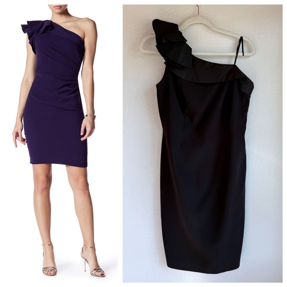 Carmen Marc Valvo Collection One Shoulder Ruffle Chocolate Brown Cocktail Dress